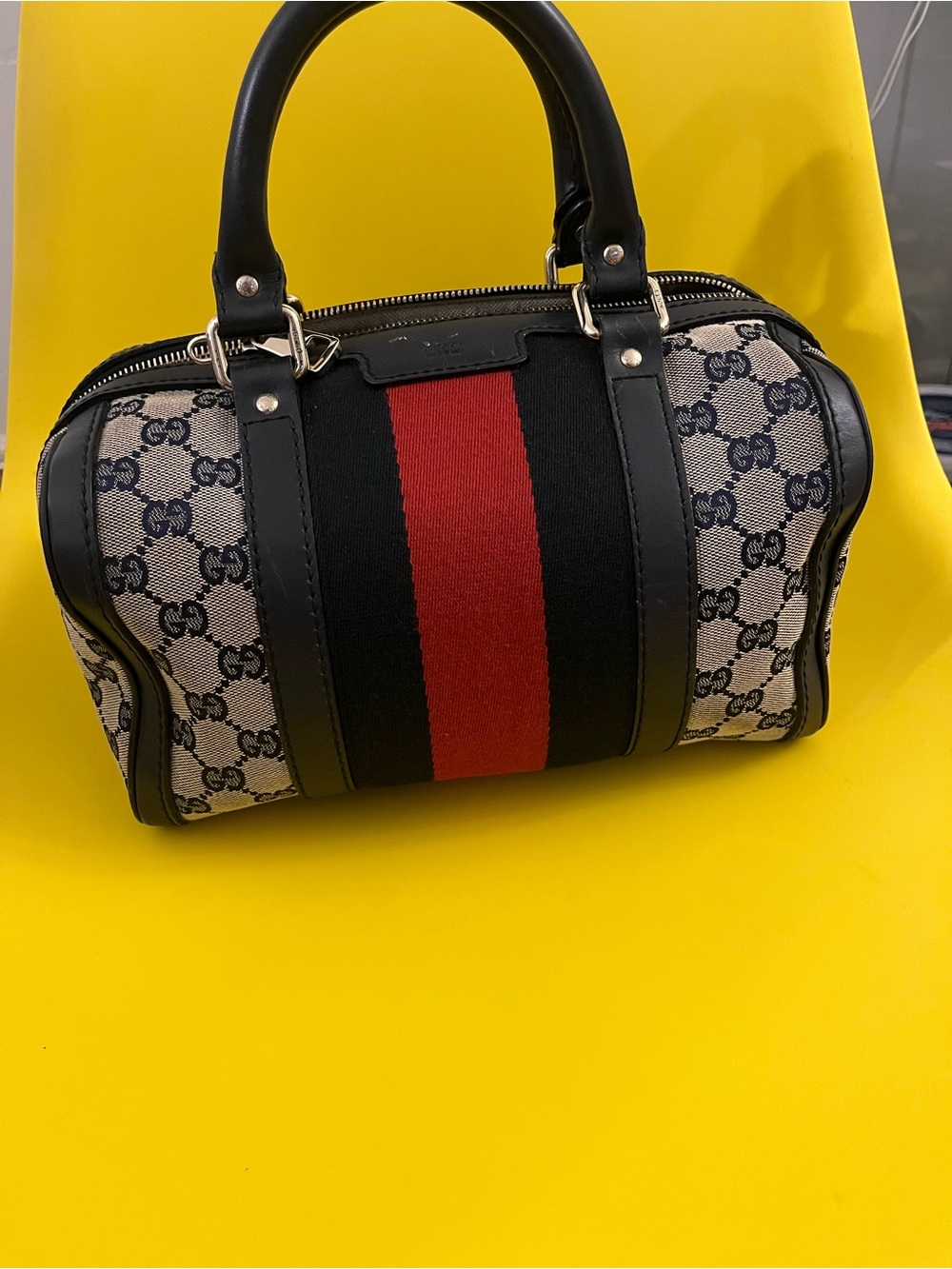 Gucci Beige GG Supreme Satchel with Black and Red Web Stripe
